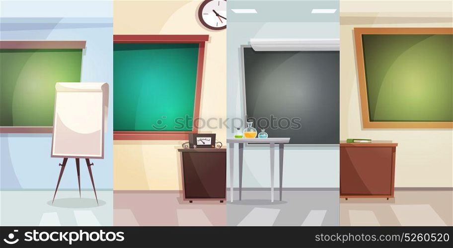 Education Vertical Banners . Education vertical banners with school classrooms for different lessons in flat style vector illustration