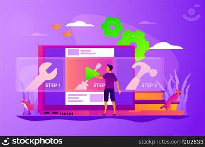 Education video, modern teaching tool, interactive learning and video tutorial concept. Vector isolated concept illustration with tiny people and floral elements. Hero image for website.. How-to videos concept vector illustration.