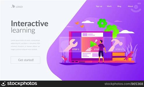 Education video, modern teaching tool, interactive learning and video tutorial concept. Website homepage interface UI template. Landing web page with infographic concept hero header image.. How-to videos landing page template.