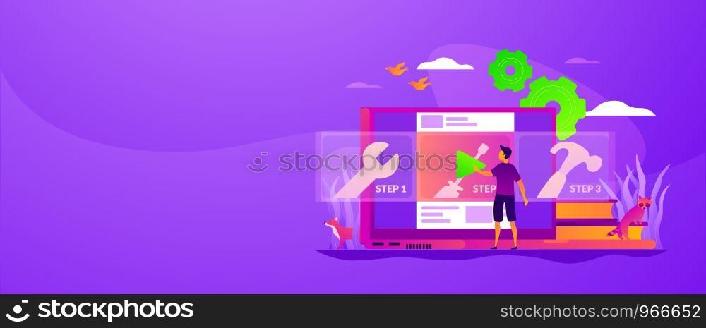 Education video, modern teaching tool, interactive learning and video tutorial concept. Vector banner template for social media with text copy space and infographic concept illustration.. How-to videos web banner concept.