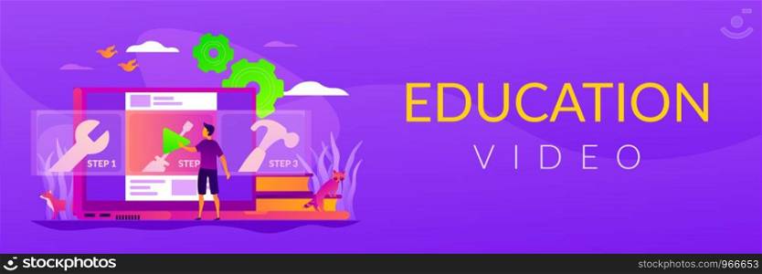 Education video, modern teaching tool, interactive learning and video tutorial concept. Vector banner template for social media with text copy space and infographic concept illustration.. How-to videos web banner concept.