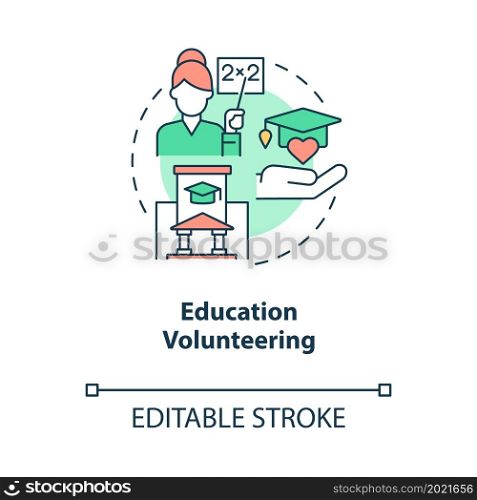 Education volunteering concept icon. Charity program for school. Teacher volunteer aid at abstract idea thin line illustration. Vector isolated outline color drawing. Editable stroke. Education volunteering concept icon