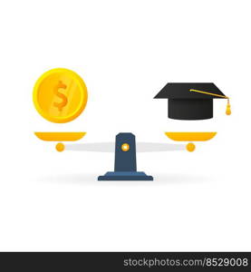 Education vs money on scales icon. Money and time balance on scale.. Education vs money on scales icon. Money and time balance on scale