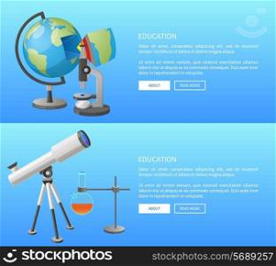 Education Web Banner with Geography and Astronomy. Education web banner with geography and astronomy classes informative Internet page with globe model and powerful telescope vector illustrations.
