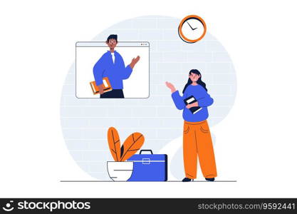 Education web concept with character scene. Student listening webinar with teacher and studying online. People situation in flat design. Vector illustration for social media marketing material.