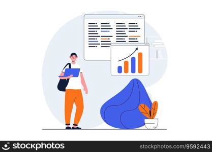 Education web concept with character scene. Teenage student making homework at laptop and studying in school. People situation in flat design. Vector illustration for social media marketing material.