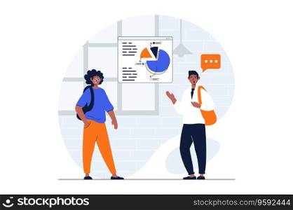 Education web concept with character scene. Teenage students discussing lesson and studying in classroom. People situation in flat design. Vector illustration for social media marketing material.