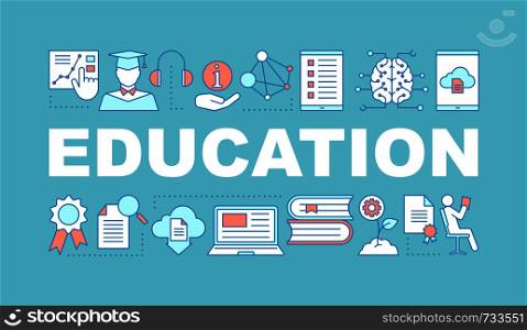 Education word concepts banner. E-learning. Studying. Learning process. Presentation. Educational program. Gain knowledge. Isolated lettering typography with linear icons. Vector outline illustration. Education word concepts banner