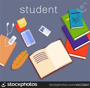 Education work space student design. Student education or work on table space device and notebook, design school desk with book note and smartphone, player and sandwich food. Vector illustration