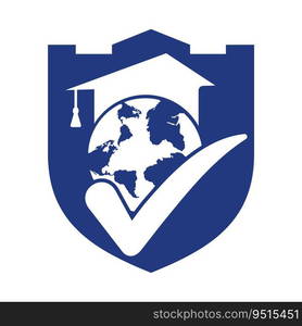 Education world vector logo template with globe and student hat symbol.