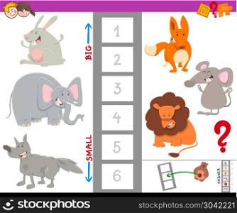 educational activity with large and small animals. Cartoon Illustration of Educational Game of Finding the Largest and the Smallest Animal with Cute Characters for Children
