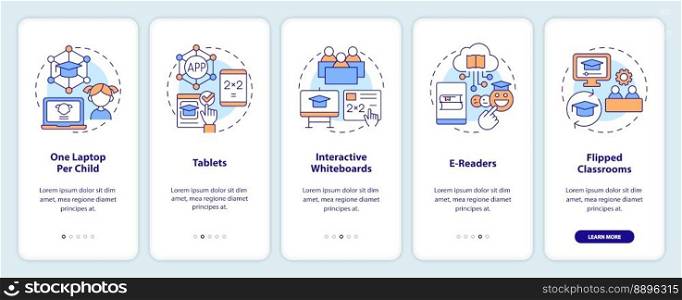 Educational applications of ICT onboarding mobile app screen. Data walkthrough 5 steps editable graphic instructions with linear concepts. UI, UX, GUI template. Myriad Pro-Bold, Regular fonts used. Educational applications of ICT onboarding mobile app screen