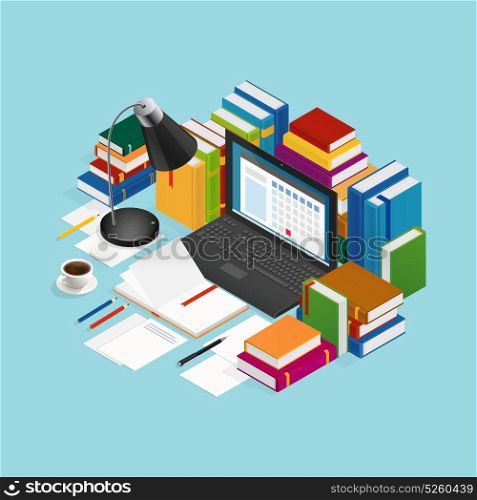 Educational Books Isometric Illustration. Educational colorful books around laptop paper sheets stationery coffee and lamp on blue background isometric vector illustration