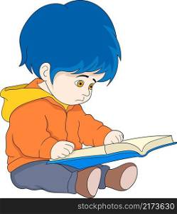 educational cartoon doodle illustration, baby boy is sitting reading a knowledge book, creative drawing 