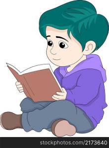 educational cartoon doodle illustration, toddler boy is sitting reading a knowledge book with a happy face, creative drawing 
