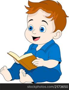 educational cartoon doodle illustration, toddler boy is sitting reading a story book before going to bed, creative drawing 