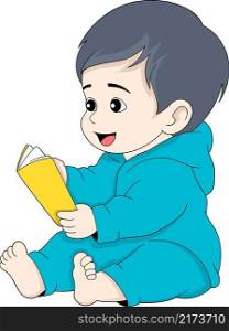 educational cartoon doodle illustration, toddler boy wearing pajamas is sitting reading a story book before going to bed, creative drawing 