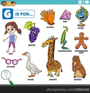 educational cartoon illustration for children with comic characters and objects set for letter G