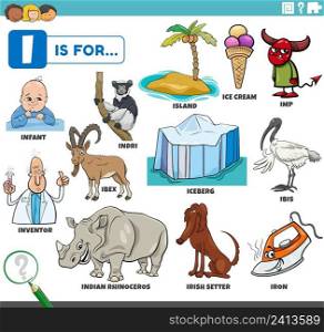 educational cartoon illustration for children with comic characters and objects set for letter I