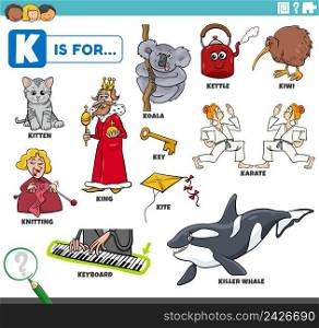 educational cartoon illustration for children with comic characters and objects set for letter K