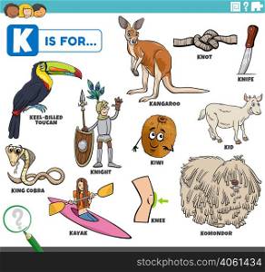 educational cartoon illustration for children with comic characters and objects set for letter K