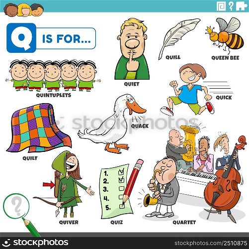 educational cartoon illustration for children with comic characters and objects set for letter Q