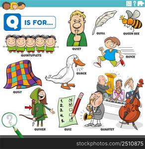 educational cartoon illustration for children with comic characters and objects set for letter Q
