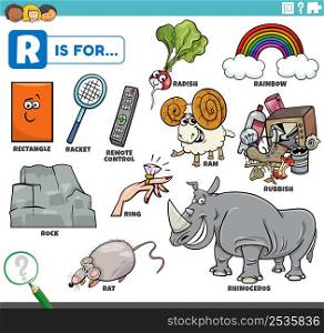 educational cartoon illustration for children with comic characters and objects set for letter R