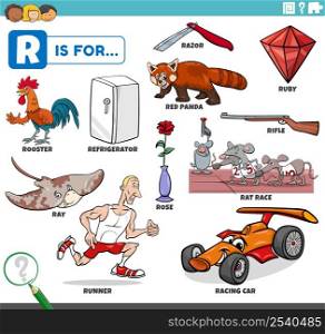 educational cartoon illustration for children with comic characters and objects set for letter R