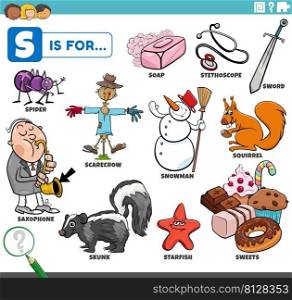 educational cartoon illustration for children with comic characters and objects set for letter S