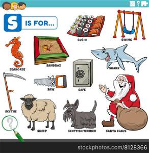 educational cartoon illustration for children with comic characters and objects set for letter S