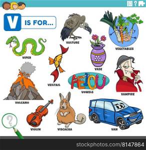 educational cartoon illustration for children with comic characters and objects set for letter V