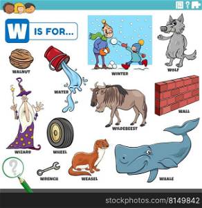 educational cartoon illustration for children with comic characters and objects set for letter W