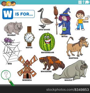 educational cartoon illustration for children with comic characters and objects set for letter W