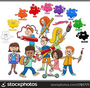 Educational cartoon illustration of basic colors for children with group of pupils or students of elementary school