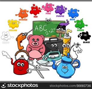 Educational cartoon illustration of basic colors for children with objects comic characters group