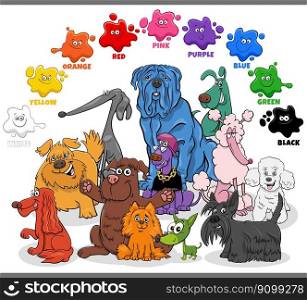 Educational cartoon illustration of basic colors with colorful dogs animal characters group