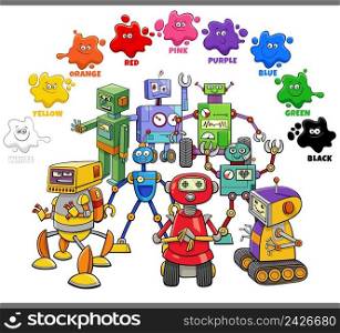 Educational cartoon illustration of basic colors with colorful robot characters group