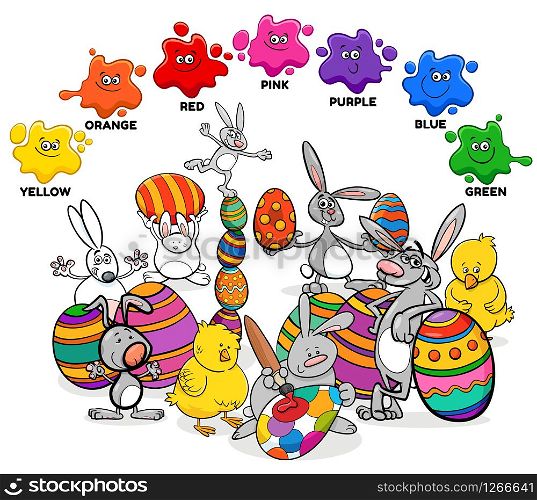 Educational Cartoon Illustration of Basic Colors with Easter Bunnies and Chicks Characters Group