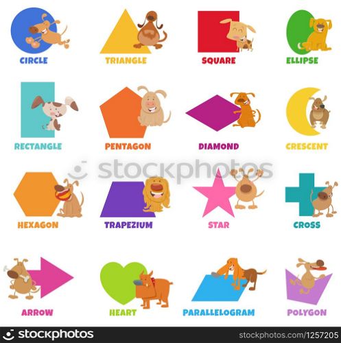 Educational Cartoon Illustration of Basic Geometric Shapes with Captions and Dogs and Puppies Animal Characters for Preschool and Elementary Age Children