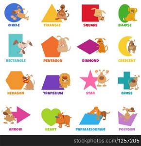 Educational Cartoon Illustration of Basic Geometric Shapes with Captions and Dogs and Puppies Animal Characters for Preschool and Elementary Age Children