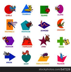 Educational Cartoon Illustration of Basic Geometric Shapes with Captions and Insects Animal Characters for Children