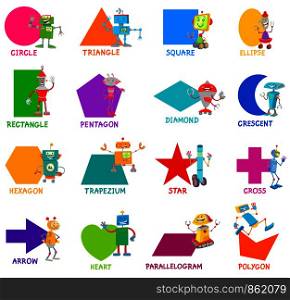 Educational Cartoon Illustration of Basic Geometric Shapes with Captions and Robots Fantasy Characters for Children