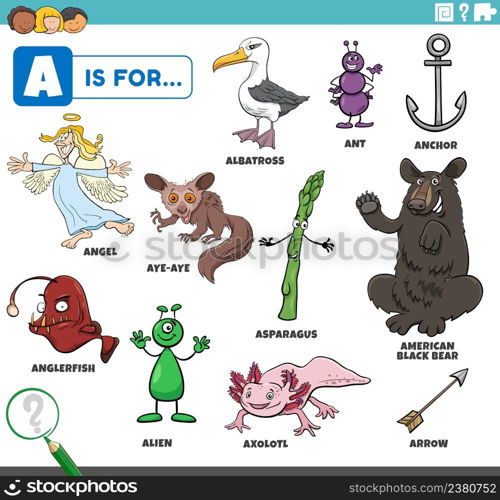 educational cartoon illustration of comic characters and objects starting with letter A set for children