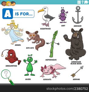 educational cartoon illustration of comic characters and objects starting with letter A set for children