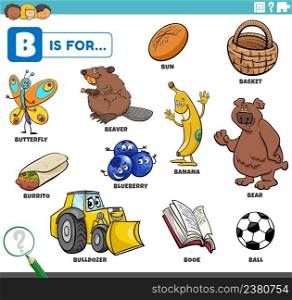 educational cartoon illustration of comic characters and objects starting with letter B set for children