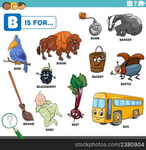 educational cartoon illustration of comic characters and objects starting with letter B set for children