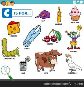 educational cartoon illustration of comic characters and objects starting with letter C set for children