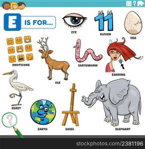 educational cartoon illustration of comic characters and objects starting with letter E set for children
