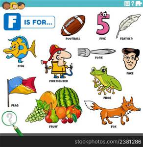 educational cartoon illustration of comic characters and objects starting with letter F set for children